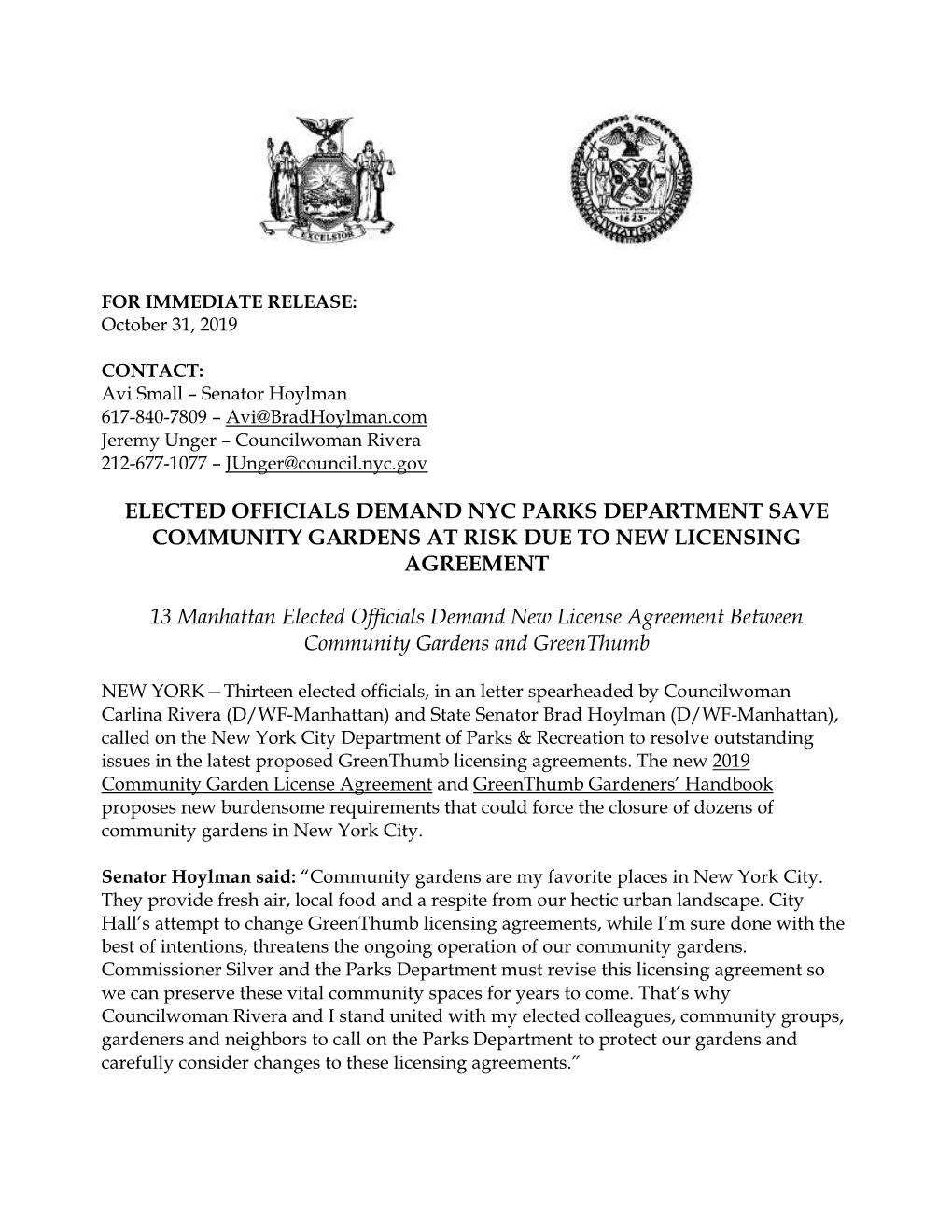 ELECTED OFFICIALS DEMAND NYC PARKS DEPARTMENT SAVE COMMUNITY GARDENS at RISK DUE to NEW LICENSING AGREEMENT 13 Manhattan Elected