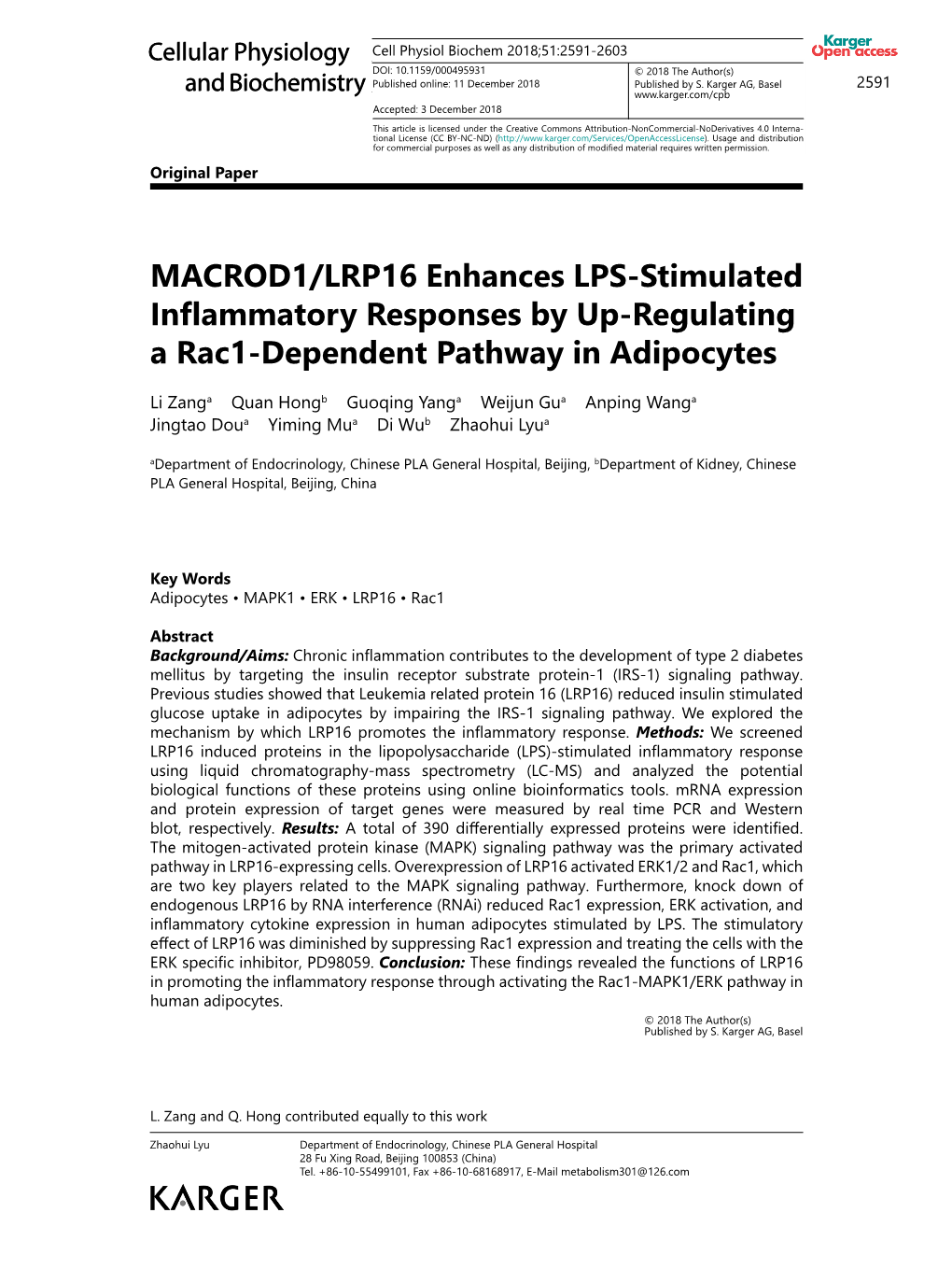 MACROD1/LRP16 Enhances LPS-Stimulated Inflammatory Responses by Up-Regulating a Rac1-Dependent Pathway in Adipocytes