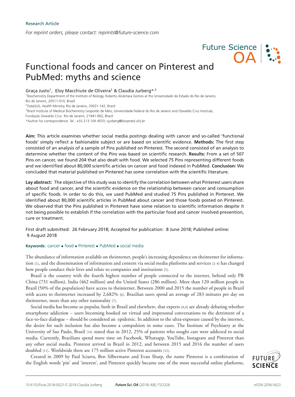 Functional Foods and Cancer on Pinterest and Pubmed: Myths and Science