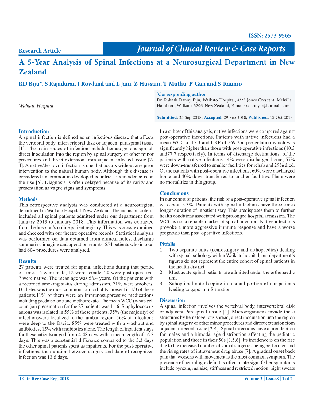 A 5-Year Analysis of Spinal Infections at a Neurosurgical Department In