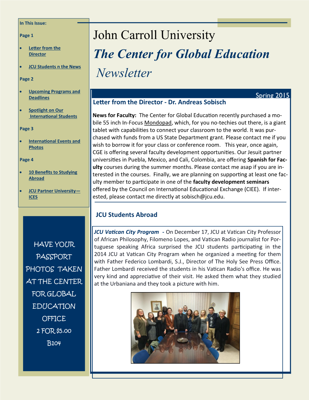 John Carroll University the Center for Global Education Newsletter