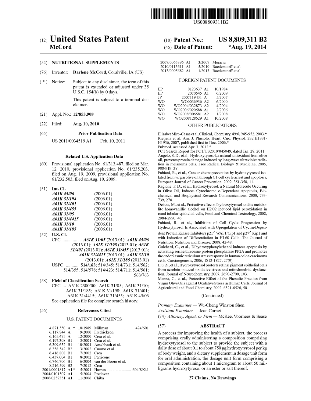 (12) United States Patent (10) Patent No.: US 8,809,311 B2 Mccord (45) Date of Patent: *Aug