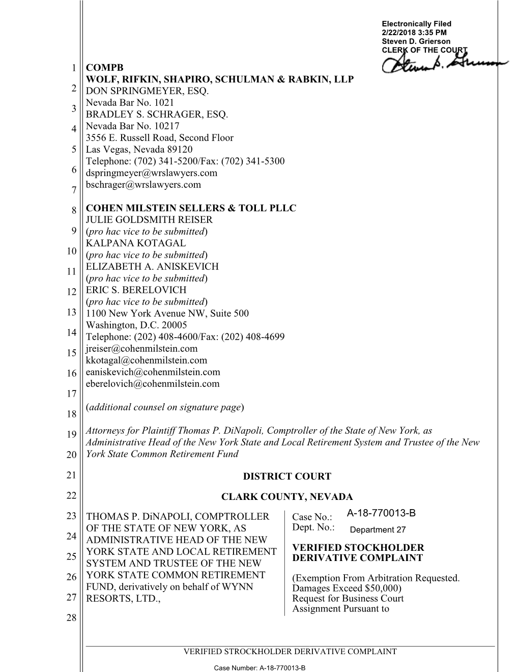 COMPLAINT SYSTEM and TRUSTEE of the NEW 26 YORK STATE COMMON RETIREMENT (Exemption from Arbitration Requested