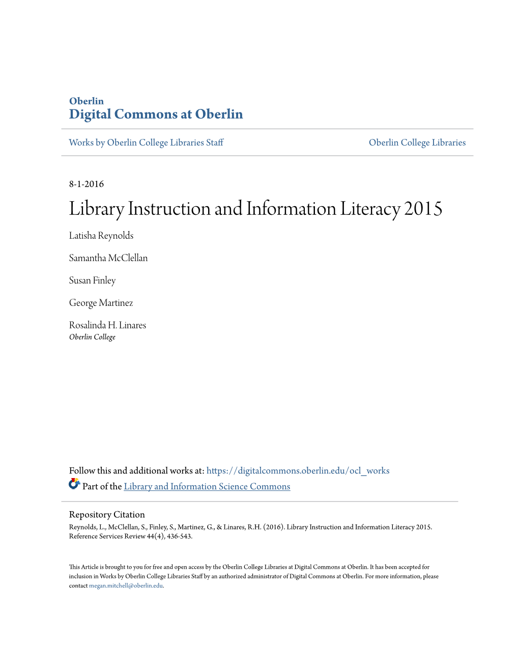 Library Instruction and Information Literacy 2015 Latisha Reynolds
