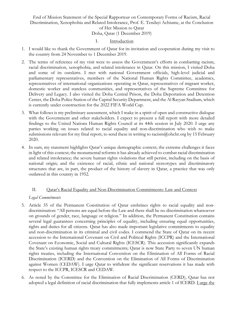 End of Mission Statement of the Special Rapporteur on Contemporary Forms of Racism, Racial Discrimination, Xenophobia and Related Intolerance, Prof