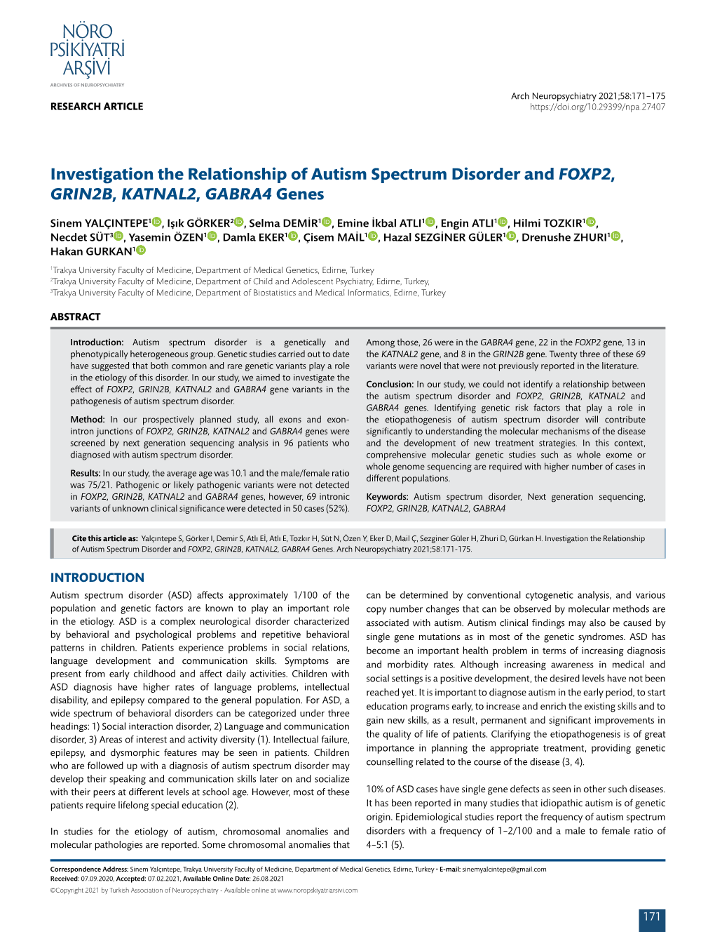 Investigation the Relationship of Autism Spectrum Disorder and FOXP2, GRIN2B, KATNAL2, GABRA4 Genes