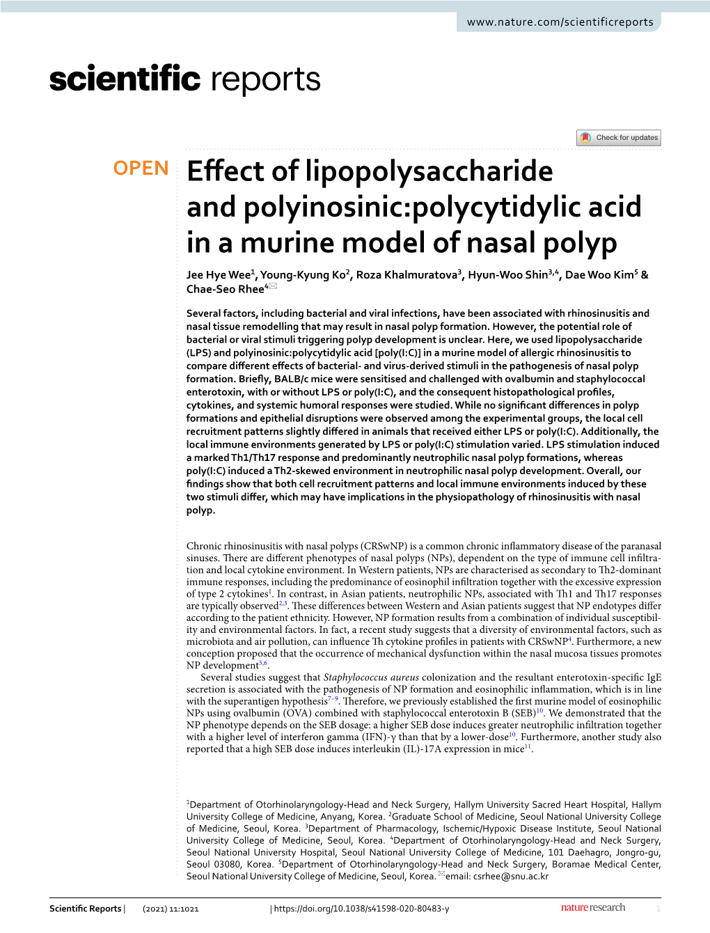 Effect of Lipopolysaccharide and Polyinosinic:Polycytidylic Acid in a Murine Model of Nasal Polyp