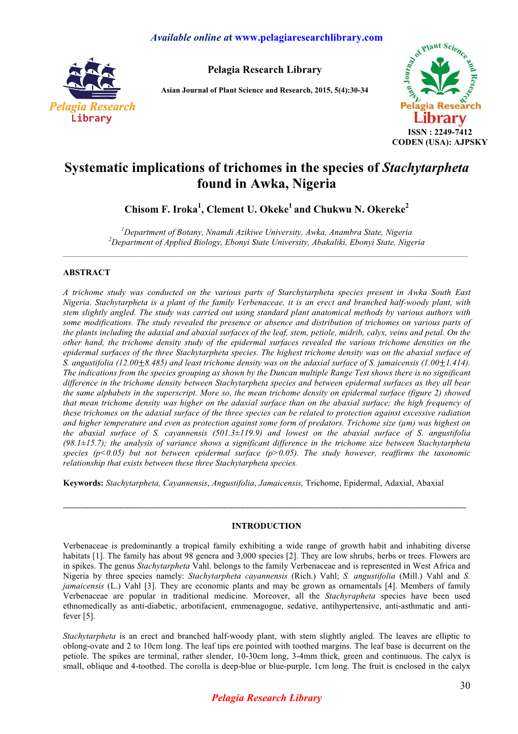 Systematic Implications of Trichomes in the Species of Stachytarpheta Found in Awka, Nigeria