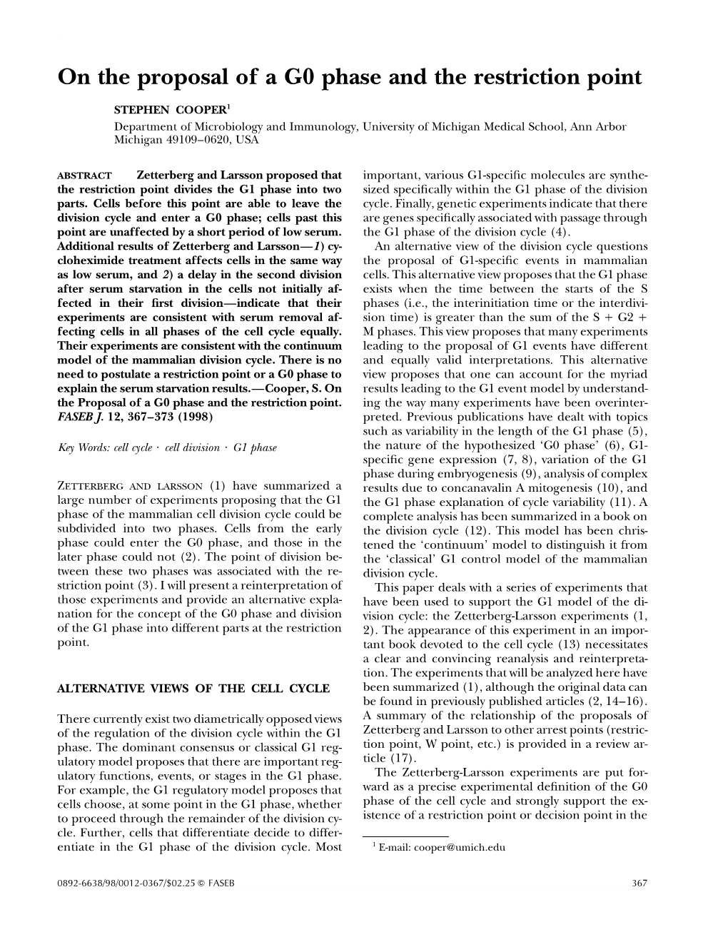 On the Proposal of a G0 Phase and the Restriction Point