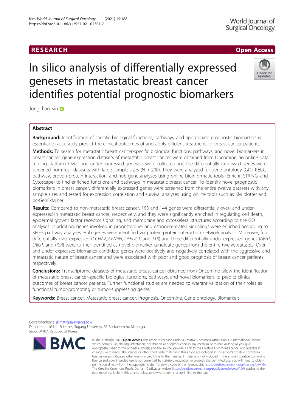 In Silico Analysis of Differentially Expressed Genesets in Metastatic Breast Cancer Identifies Potential Prognostic Biomarkers Jongchan Kim