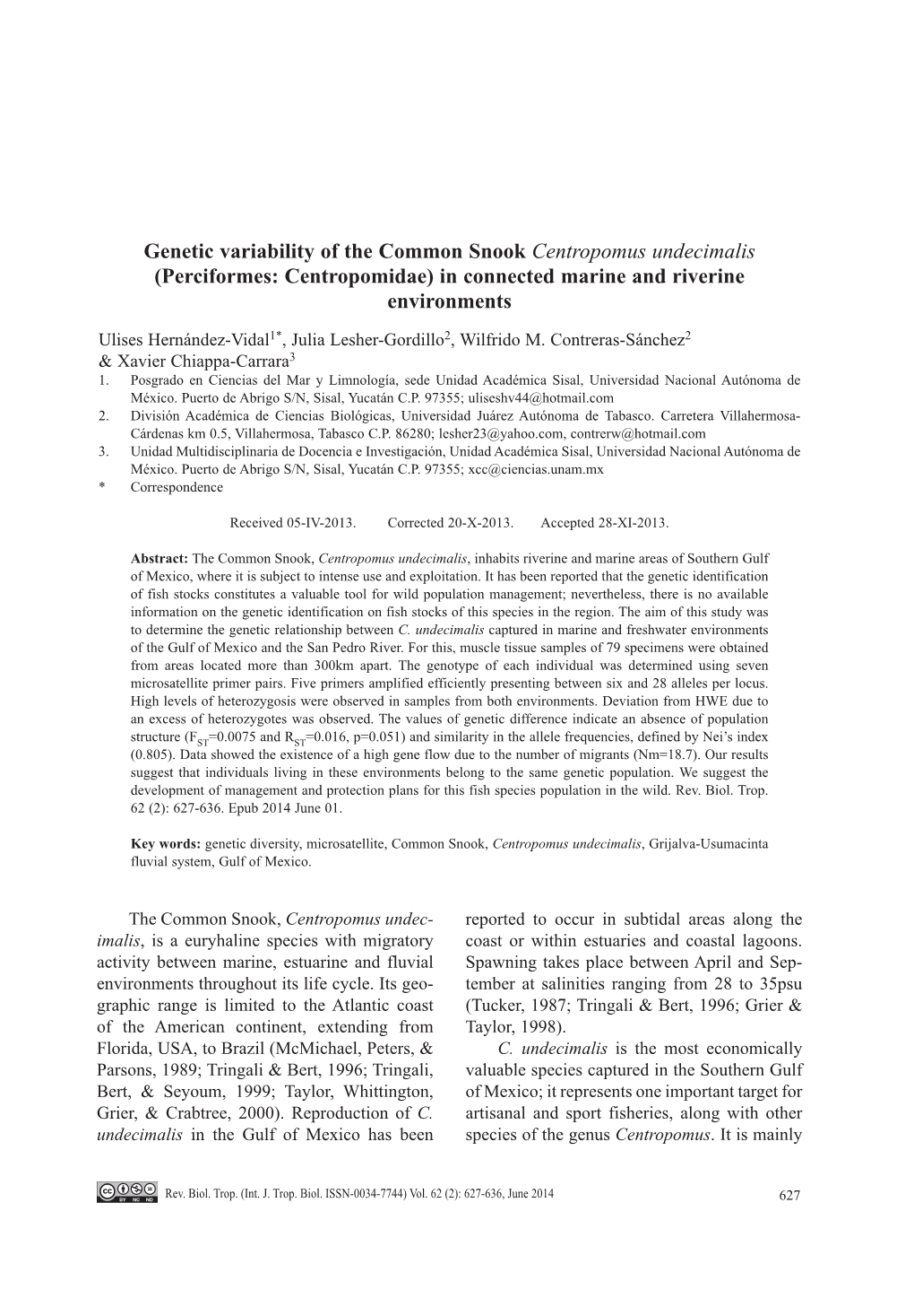 Genetic Variability of the Common Snook Centropomus Undecimalis (Perciformes: Centropomidae) in Connected Marine and Riverine Environments