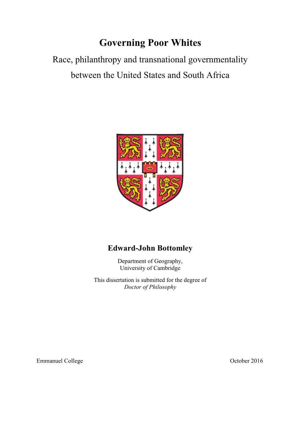 Governing Poor Whites Race, Philanthropy and Transnational Governmentality Between the United States and South Africa