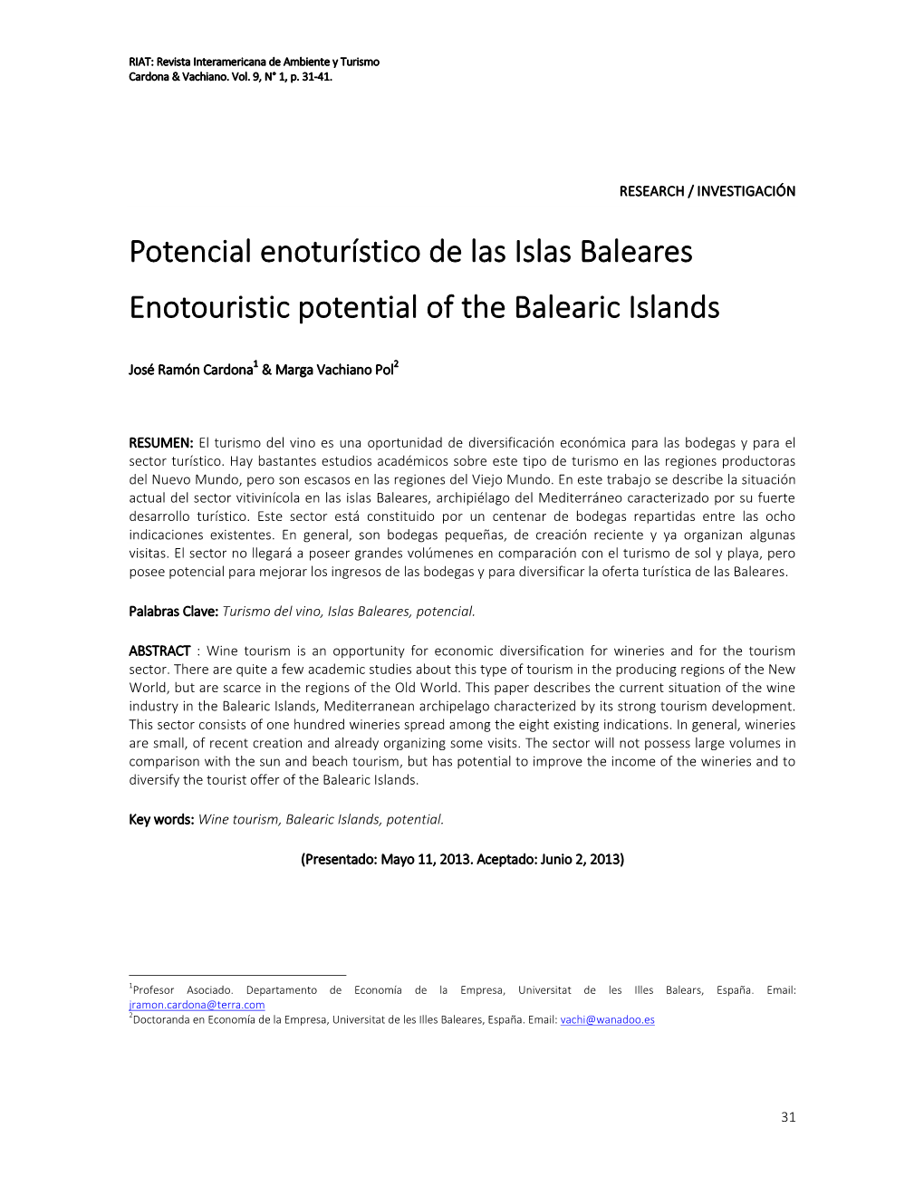 Potencial Enoturístico De Las Islas Baleares Enotouristic Potential of the Balearic Islands