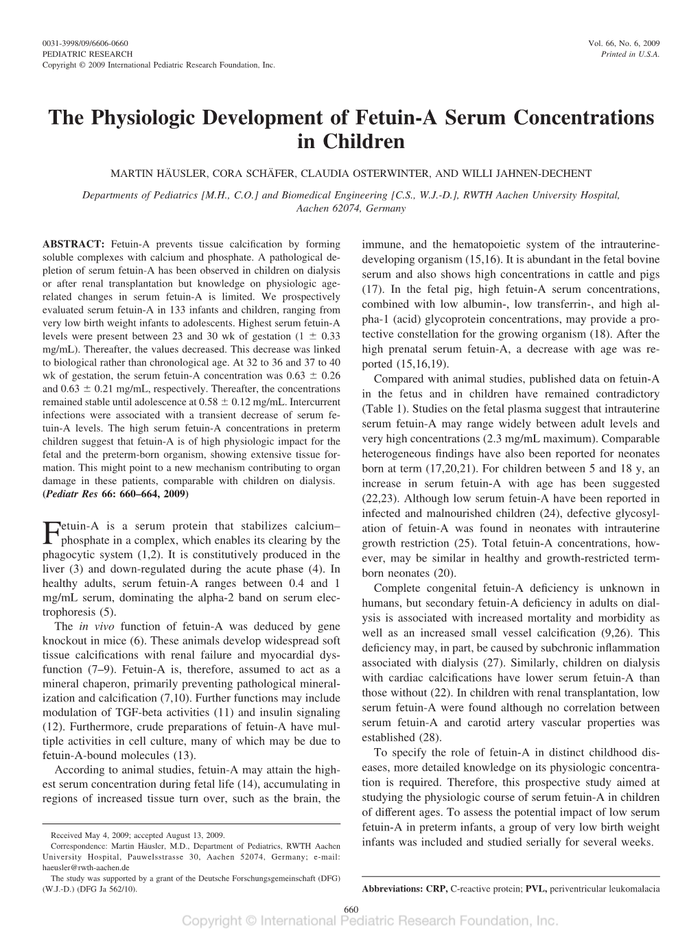 The Physiologic Development of Fetuin-A Serum Concentrations in Children
