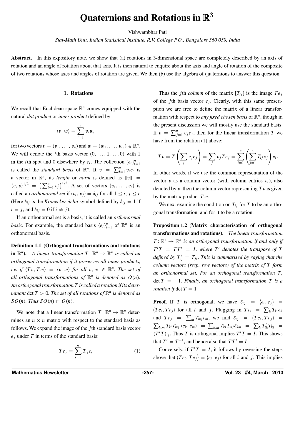 Mathematics Newsletter Volume 23. No4, March 2013