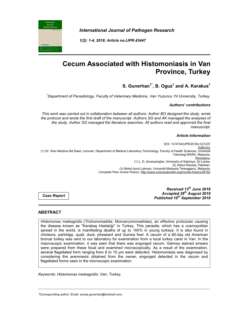 Cecum Associated with Histomoniasis in Van Province, Turkey