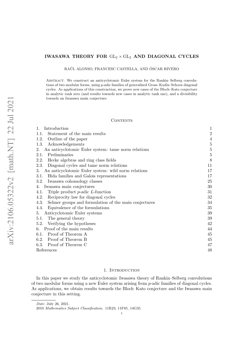 Arxiv:2106.05322V2 [Math.NT] 22 Jul 2021 Sapiain,W Banrslstwrstebohkt C Bloch–Kato Setting