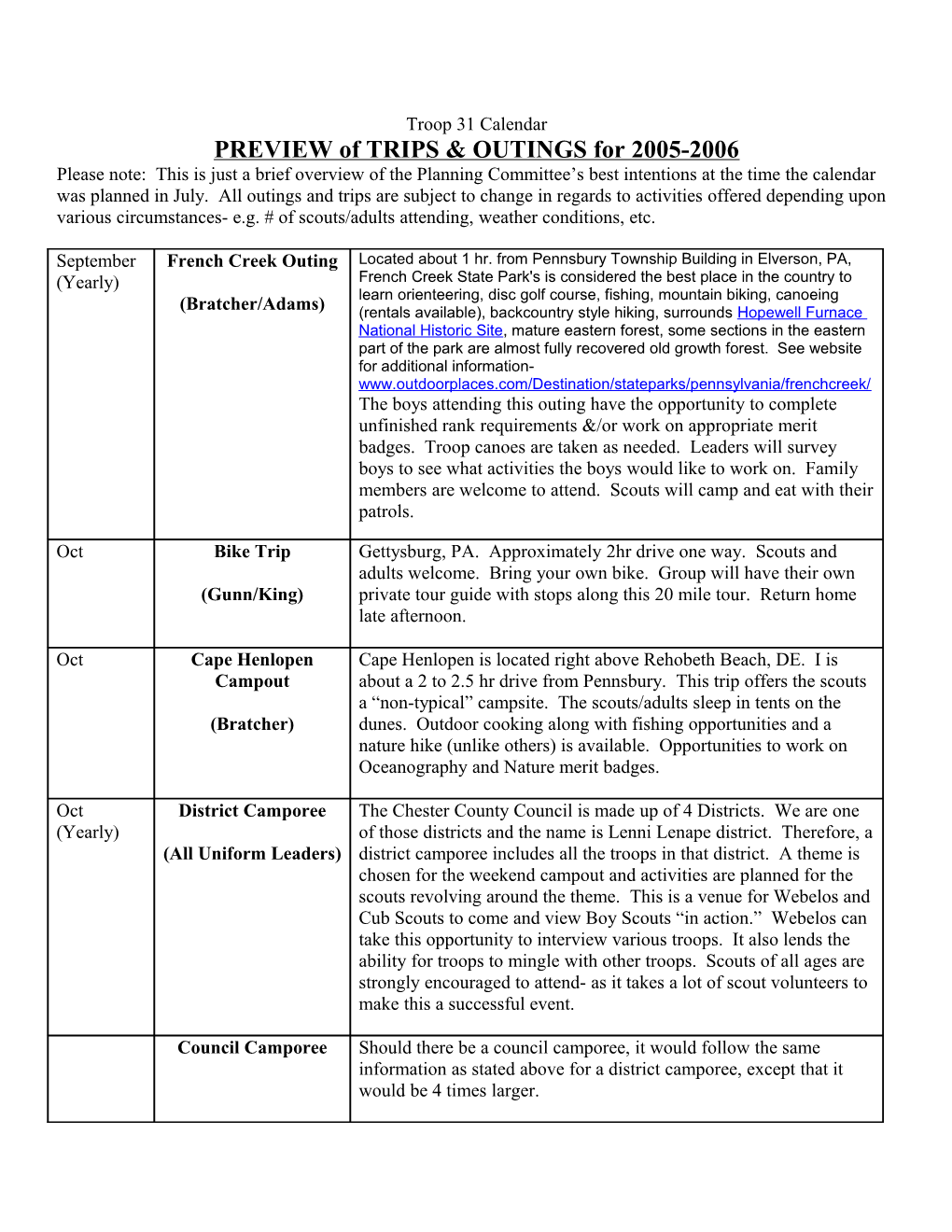 PREVIEW of TRIPS & OUTINGS for 2005-2006