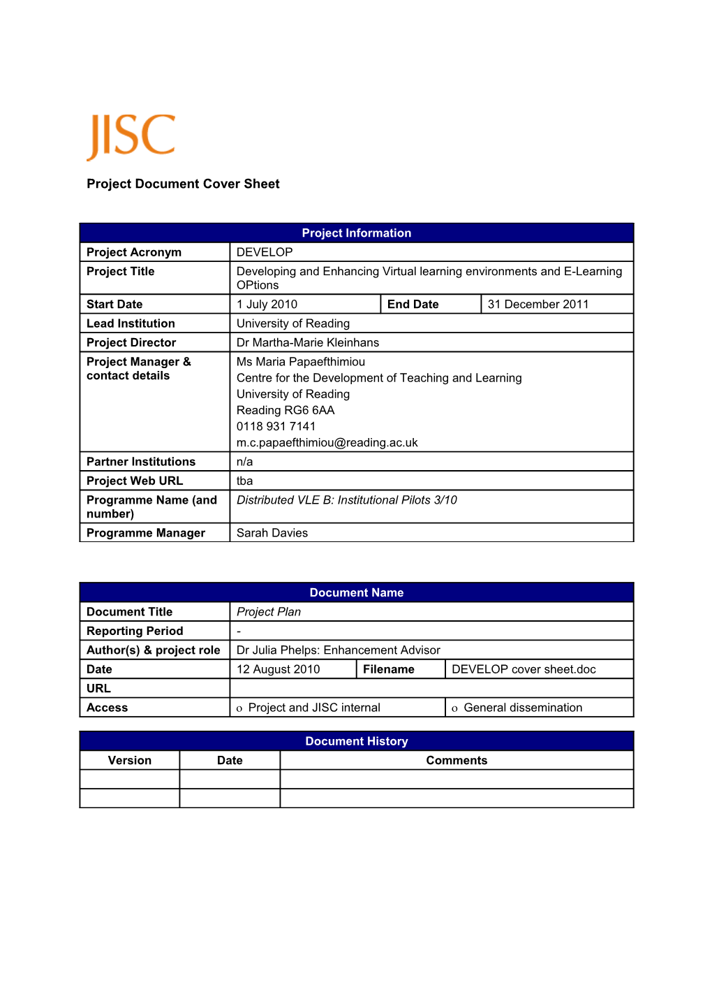 JISC Project Plan Template