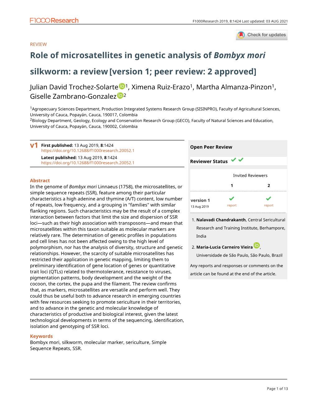 Role of Microsatellites in Genetic Analysis of Bombyx Mori Silkworm: a Review [Version 1; Peer Review: 2 Approved]