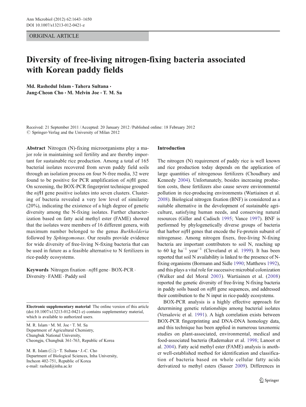 Diversity of Free-Living Nitrogen-Fixing Bacteria Associated with Korean Paddy Fields