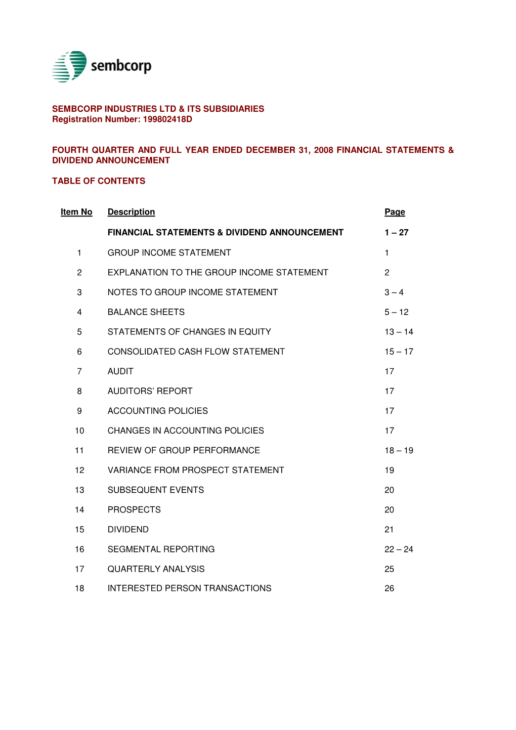 SEMBCORP INDUSTRIES LTD & ITS SUBSIDIARIES Registration