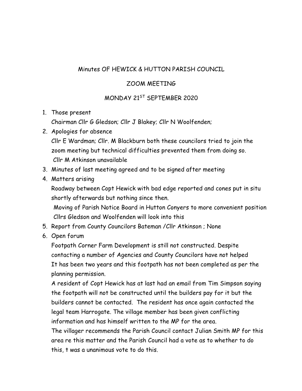 Hewick and Hutton Parish Council Minutes September 2020