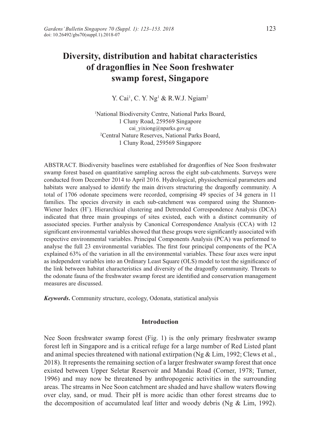 Diversity, Distribution and Habitat Characteristics of Dragonflies in Nee Soon Freshwater Swamp Forest, Singapore