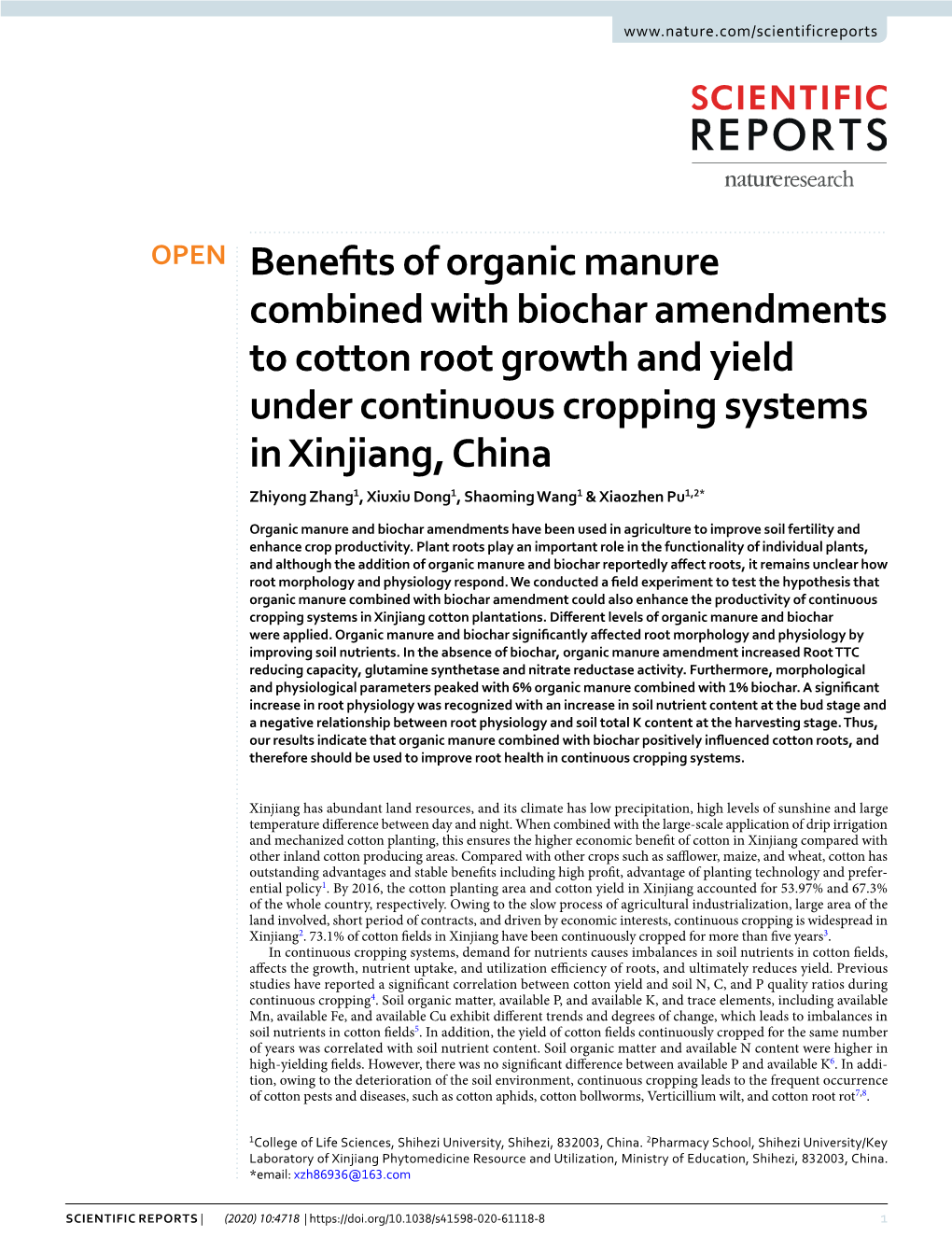 Benefits of Organic Manure Combined with Biochar Amendments to Cotton