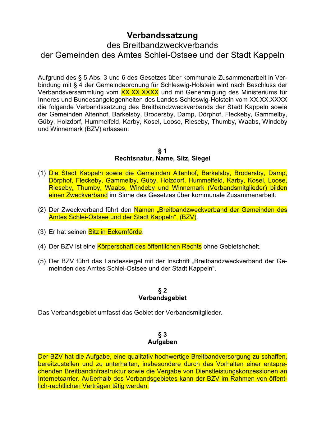 Verbandssatzung Des Breitbandzweckverbands Der Gemeinden Des Amtes Schlei-Ostsee Und Der Stadt Kappeln