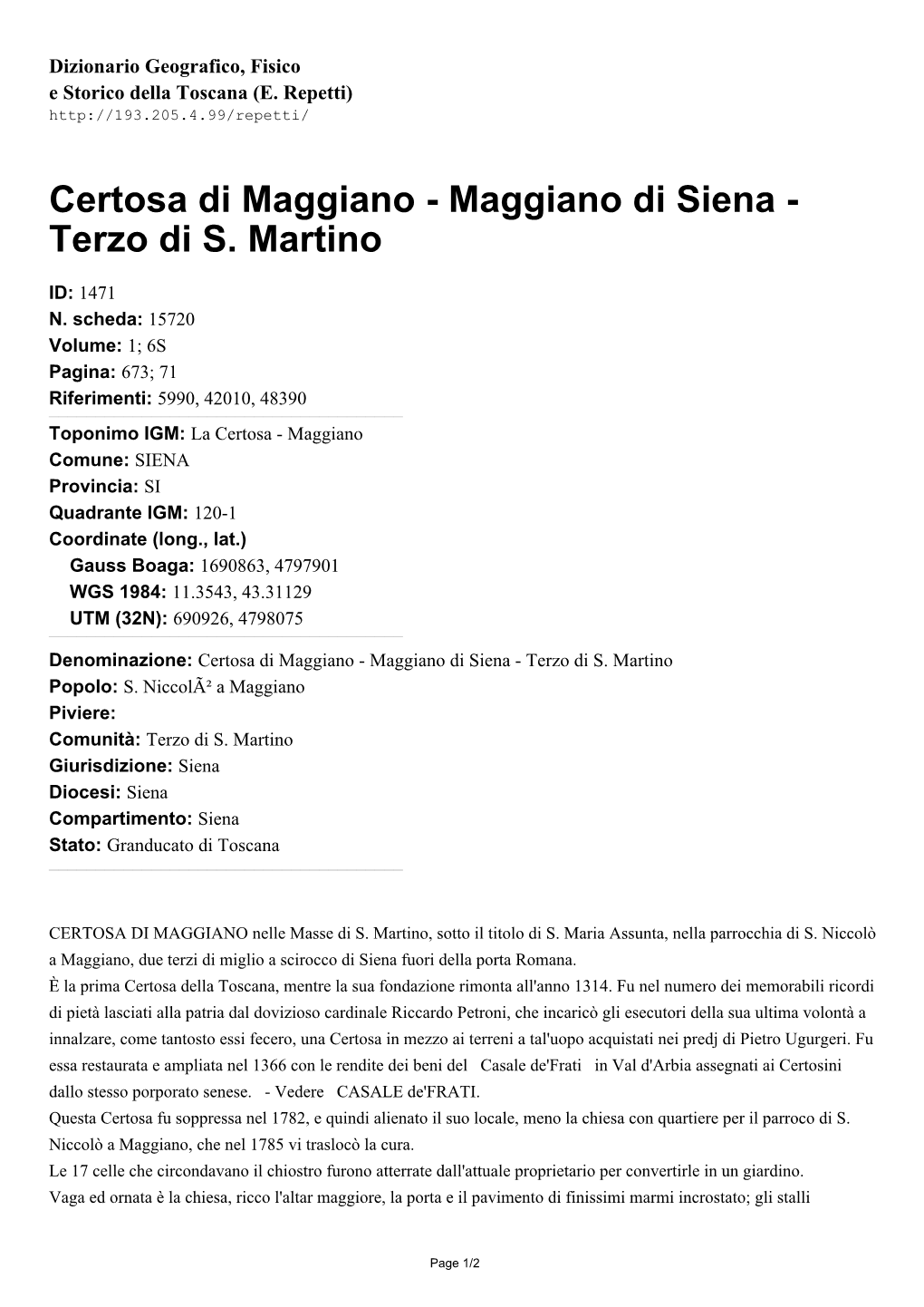 Certosa Di Maggiano - Maggiano Di Siena - Terzo Di S