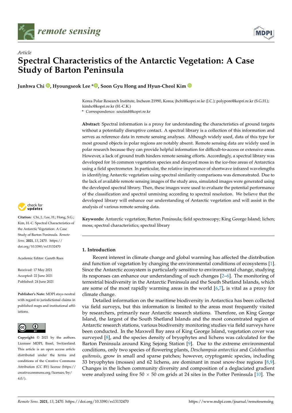 Spectral Characteristics of the Antarctic Vegetation: a Case Study of Barton Peninsula