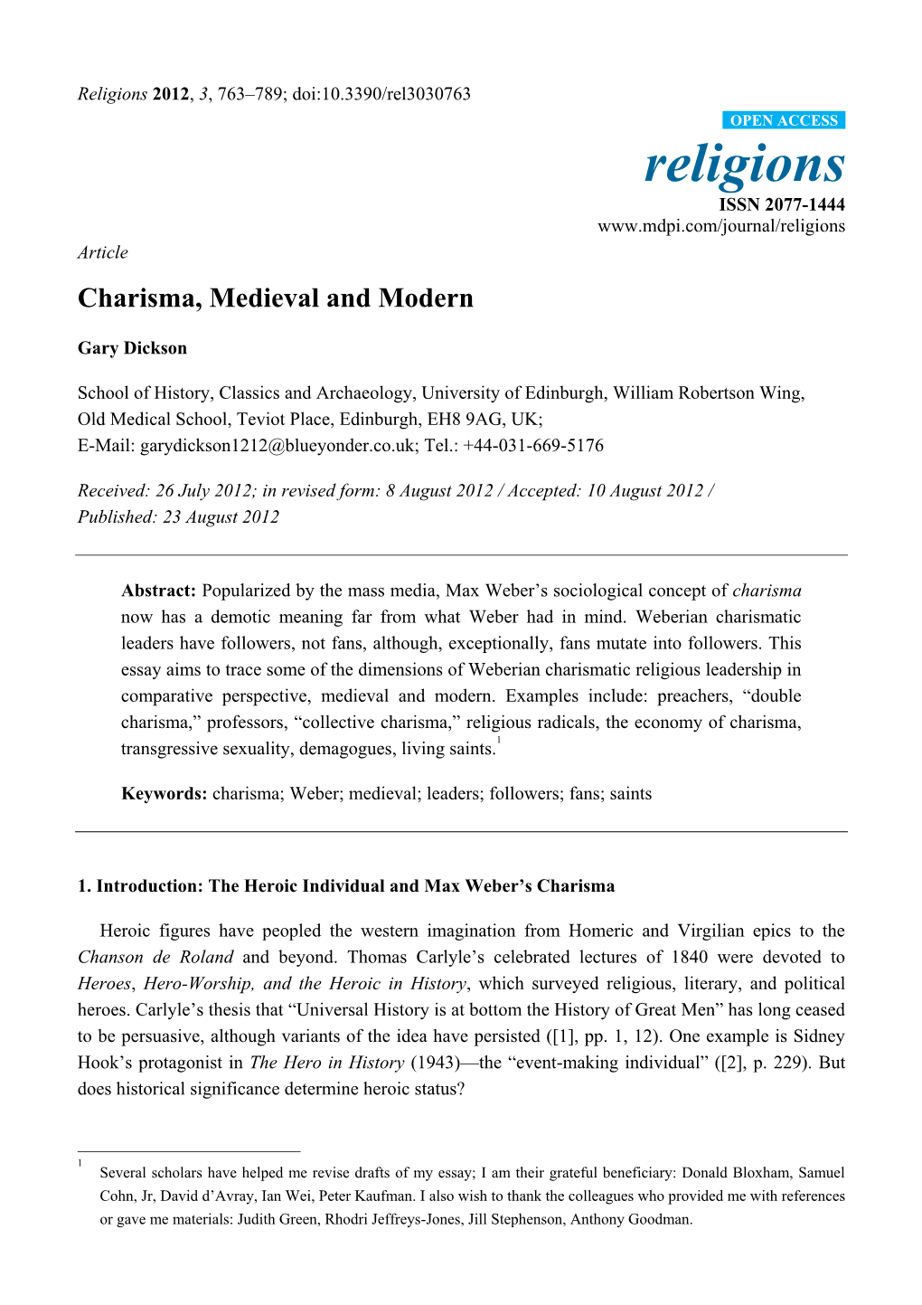 Charisma, Medieval and Modern