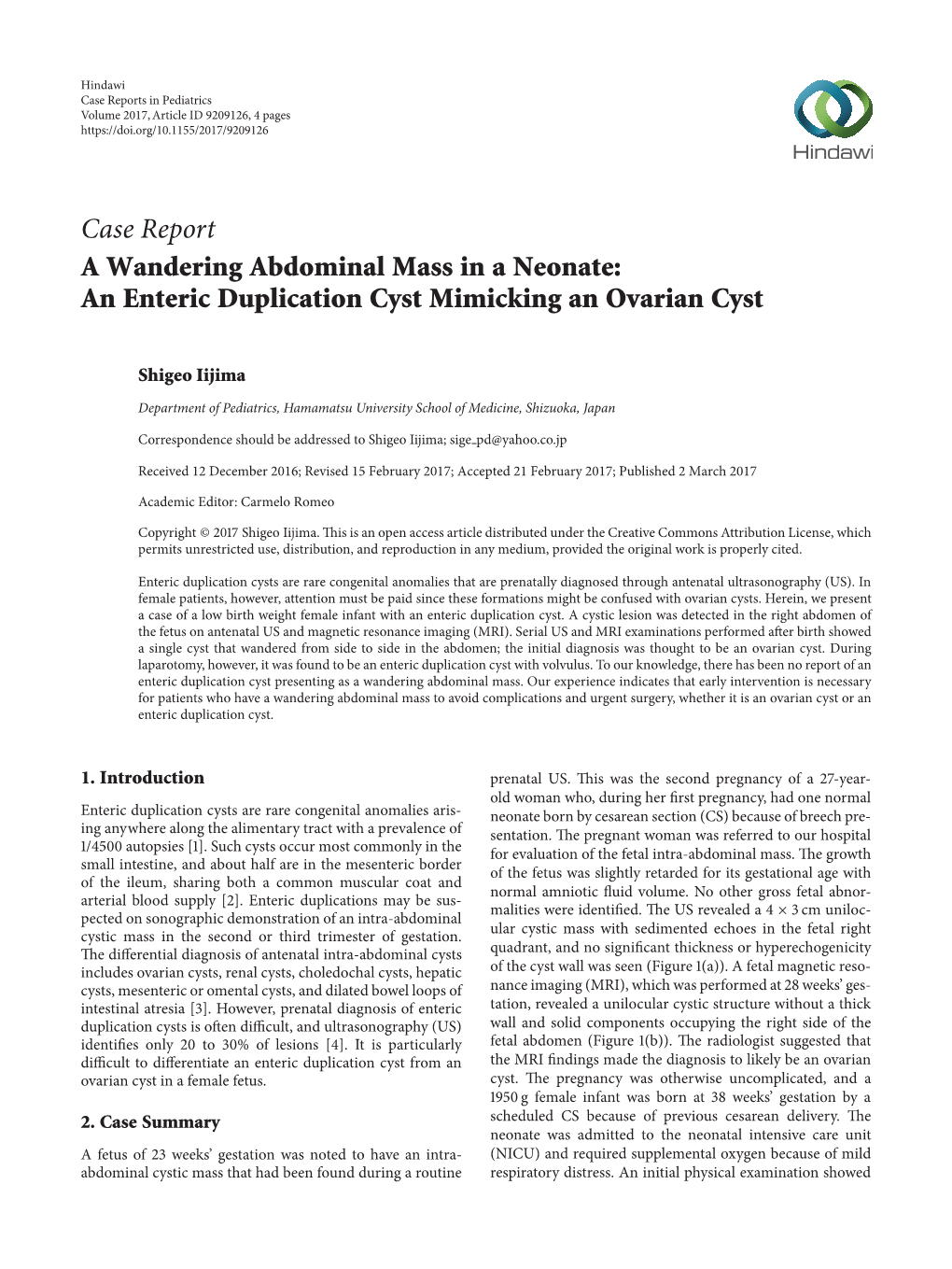 A Wandering Abdominal Mass in a Neonate: an Enteric Duplication Cyst Mimicking an Ovarian Cyst