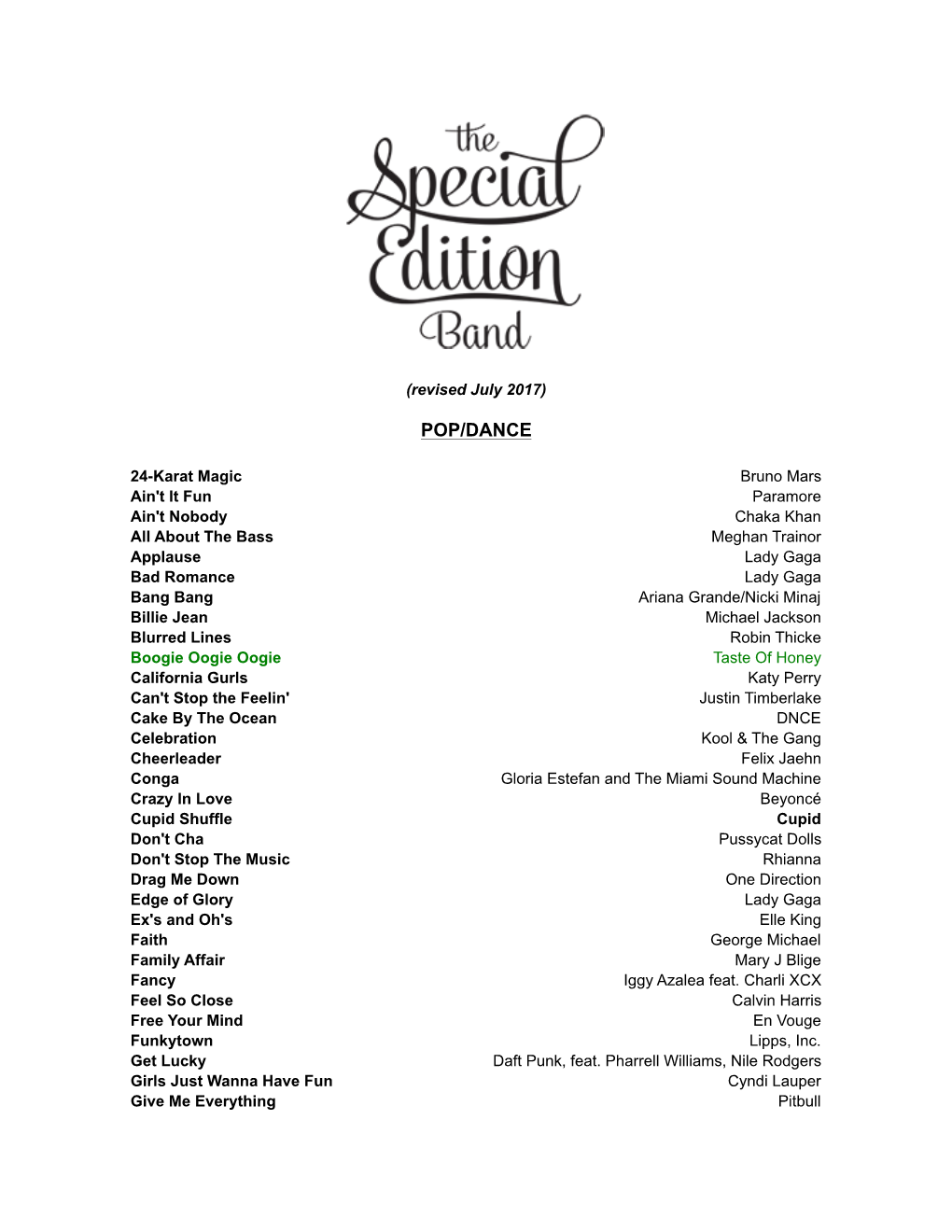 Special Edition Band Songlist