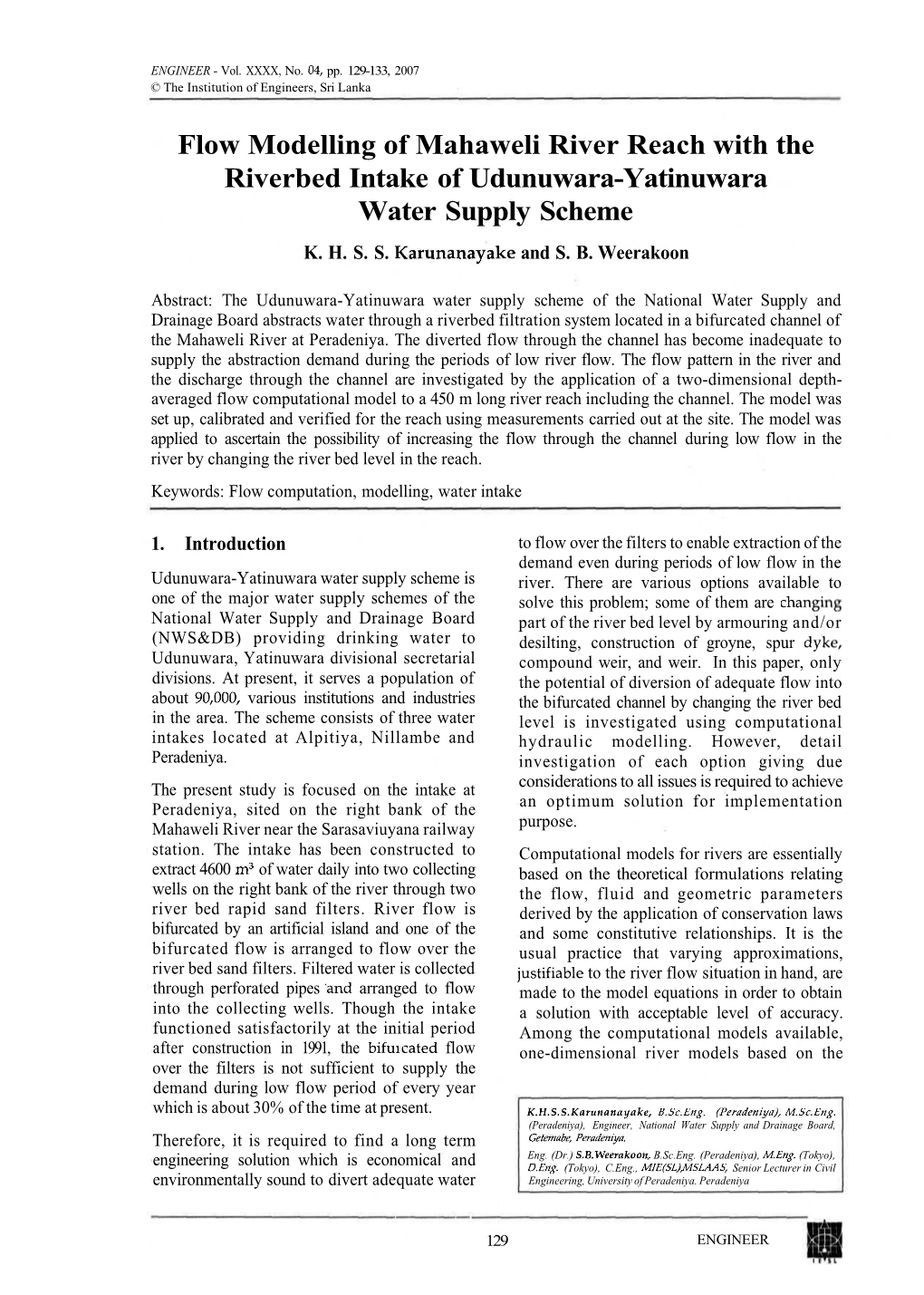 Flow Modelling of Mahaweli River Reach with the Riverbed Intake of Udunuwara-Yatinuwara Water Supply Scheme K