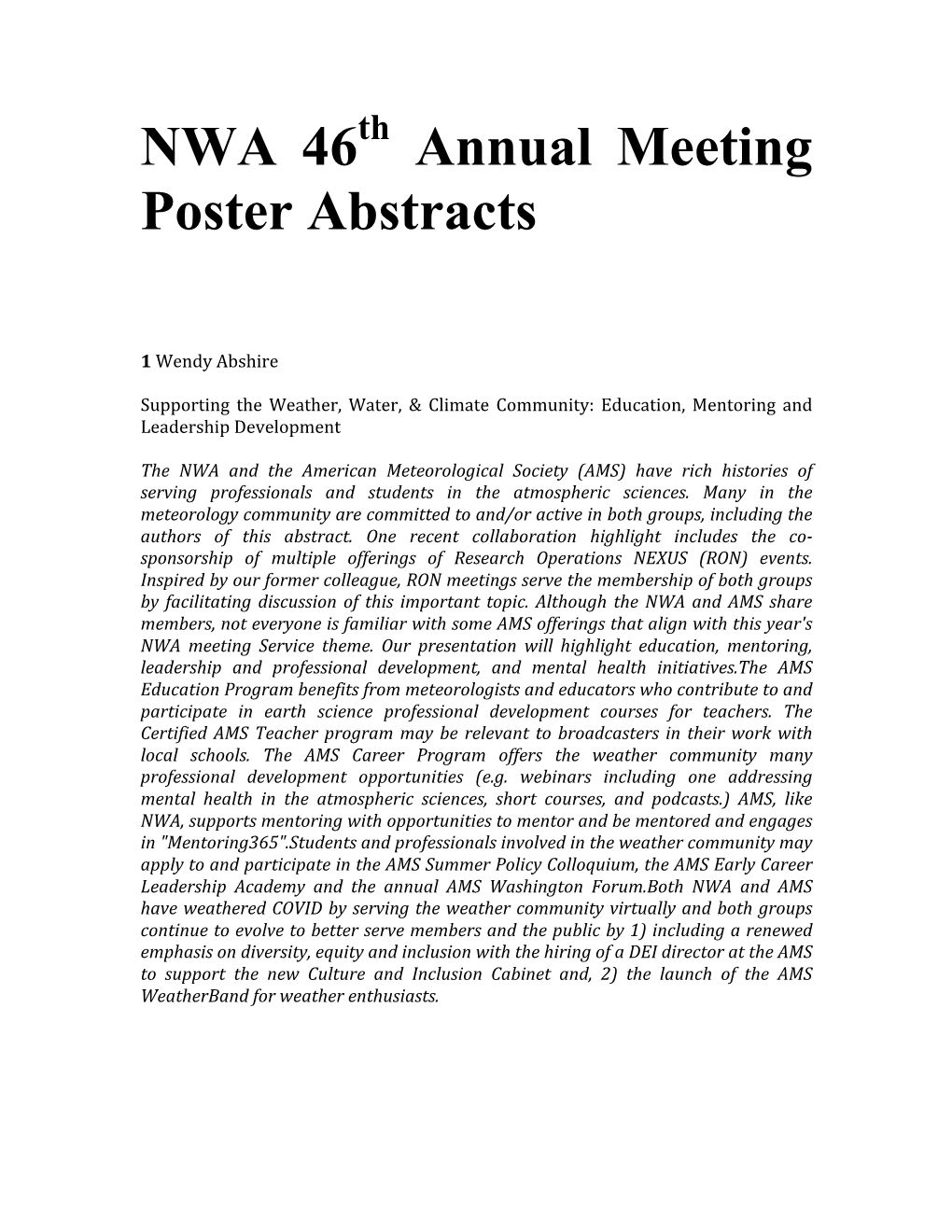 NWA 46 Annual Meeting Poster Abstracts