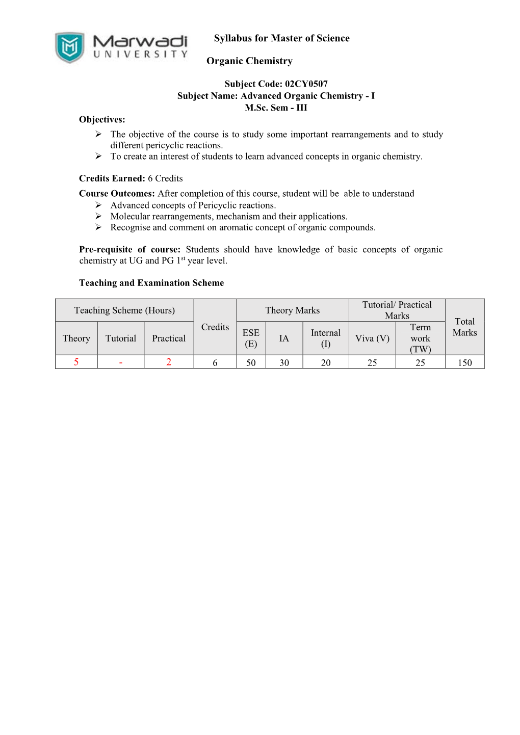 02CY0507 Subject Name: Advanced Organic Chemistry - I M.Sc