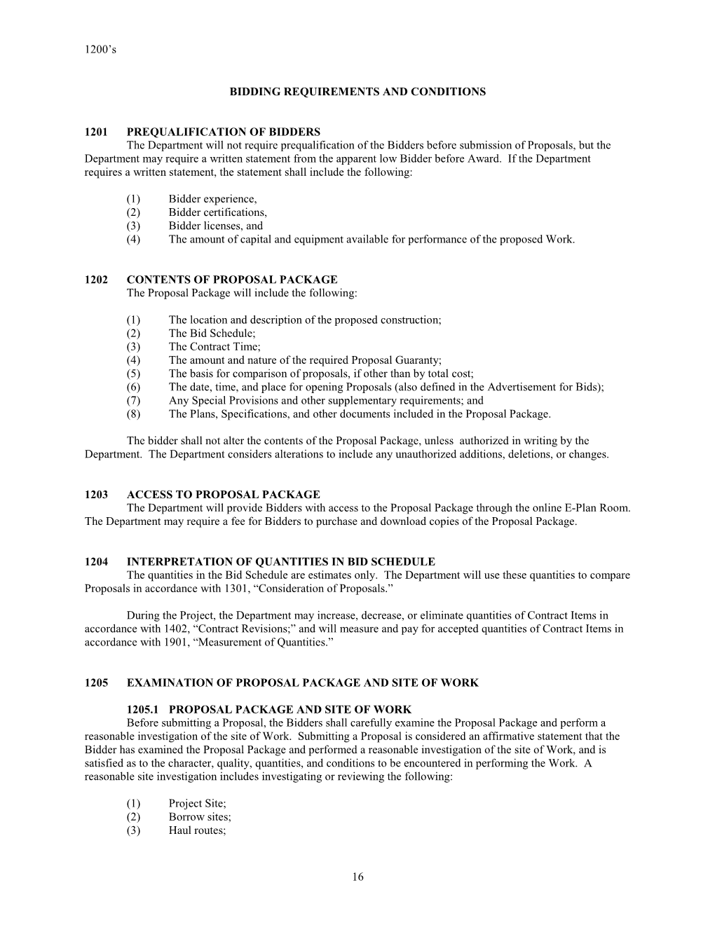 1200'S 16 BIDDING REQUIREMENTS and CONDITIONS 1201