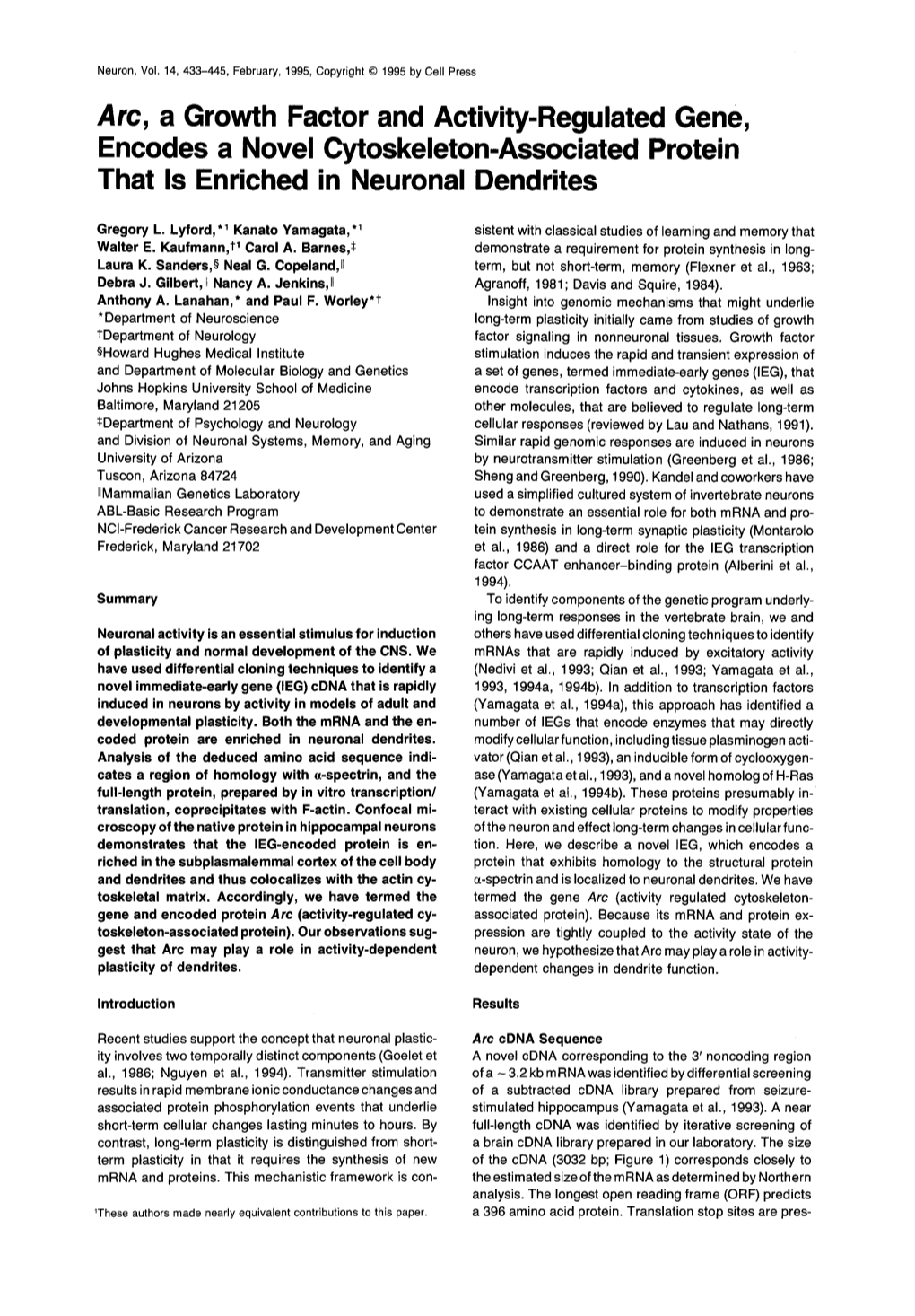 Arc, a Growth Factor and Activity-Regulated Gene, Encodes a Novel C Oskeleton-Associated Protein That Is Enriched in Neuronal Dendrites