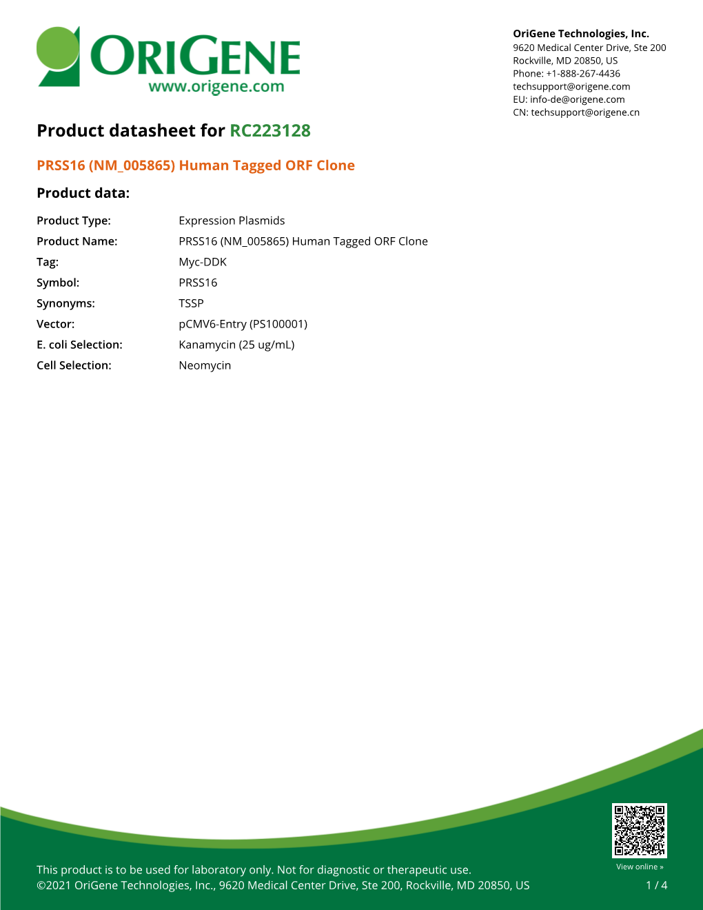 PRSS16 (NM 005865) Human Tagged ORF Clone Product Data