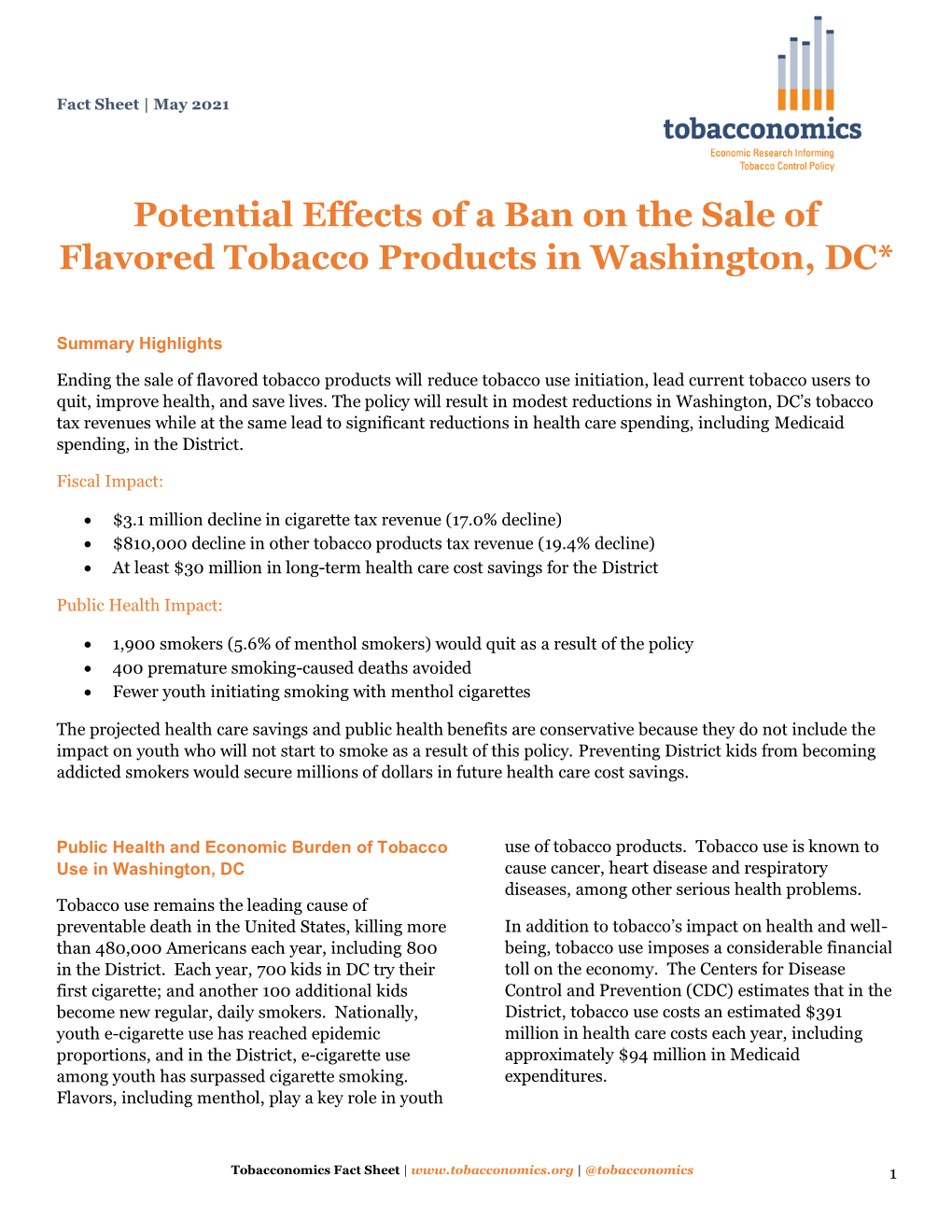 Potential Effects of a Ban on the Sale of Flavored Tobacco Products in Washington, DC*