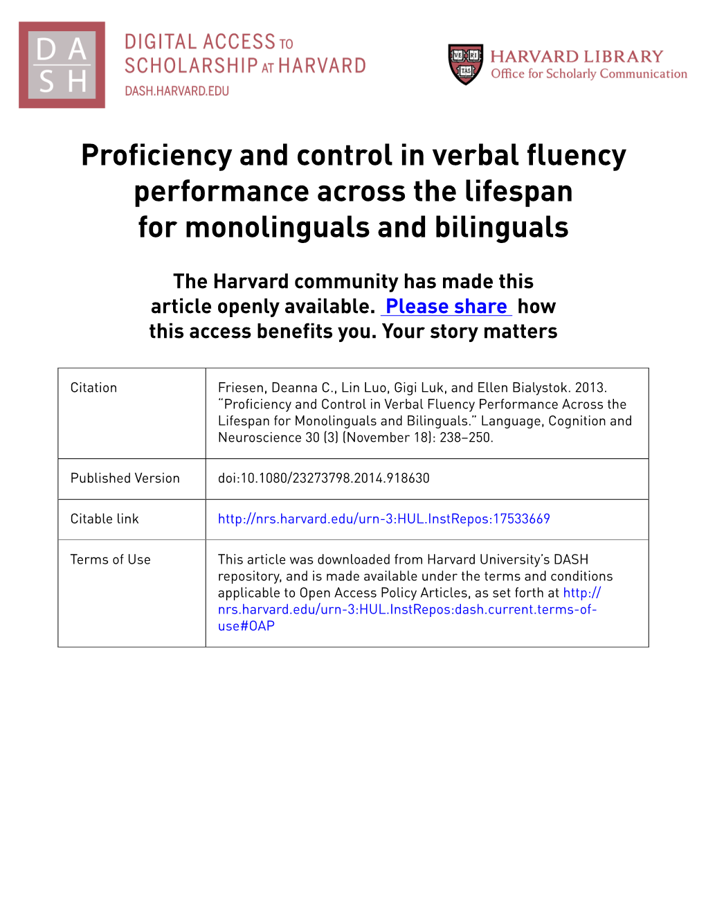 Proficiency and Control in Verbal Fluency Performance Across the Lifespan for Monolinguals and Bilinguals
