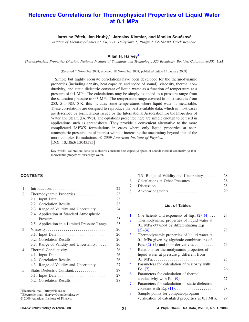 Reference Correlations for Thermophysical Properties of Liquid Water at 0.1 Mpa