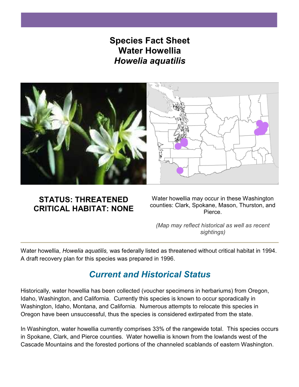 Species Fact Sheet Water Howellia Howelia Aquatilis Current And