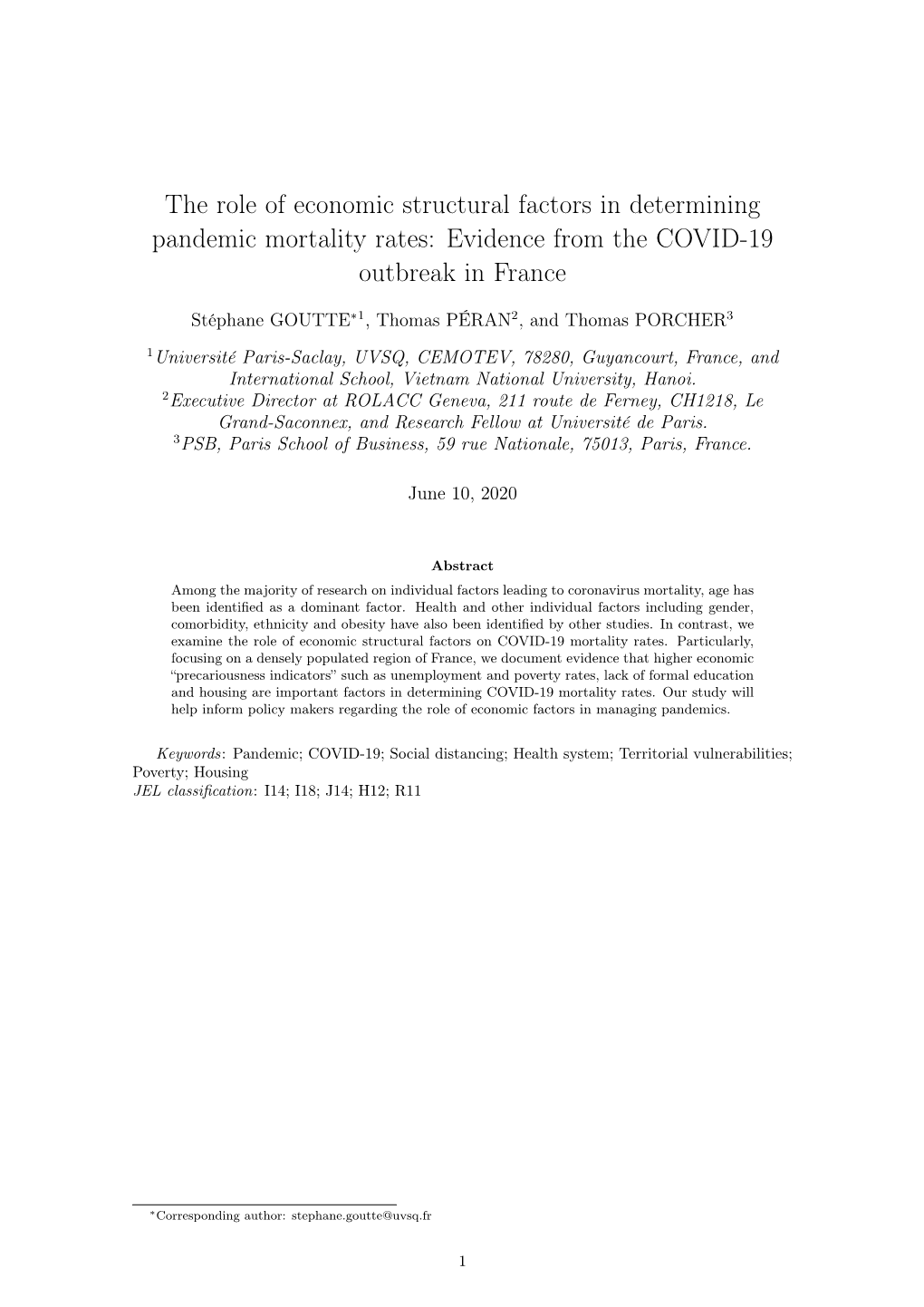 The Role of Economic Structural Factors in Determining Pandemic Mortality Rates: Evidence from the COVID-19 Outbreak in France