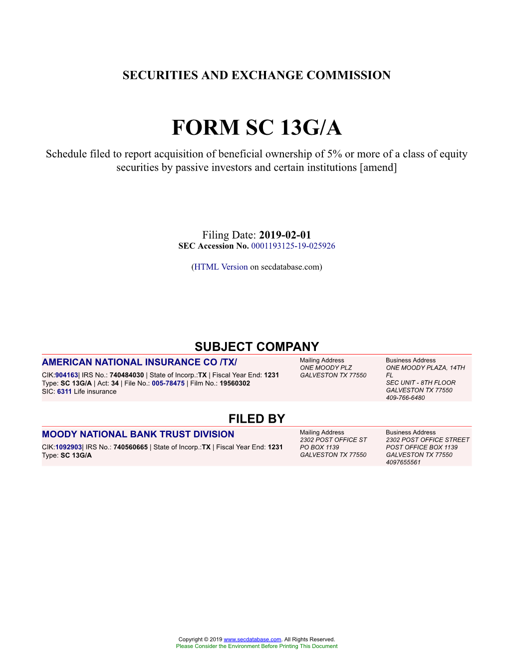 AMERICAN NATIONAL INSURANCE CO /TX/ Form SC 13G/A Filed 2019