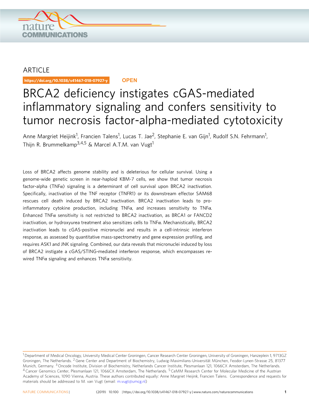 BRCA2 Deficiency Instigates Cgas-Mediated Infiammatory