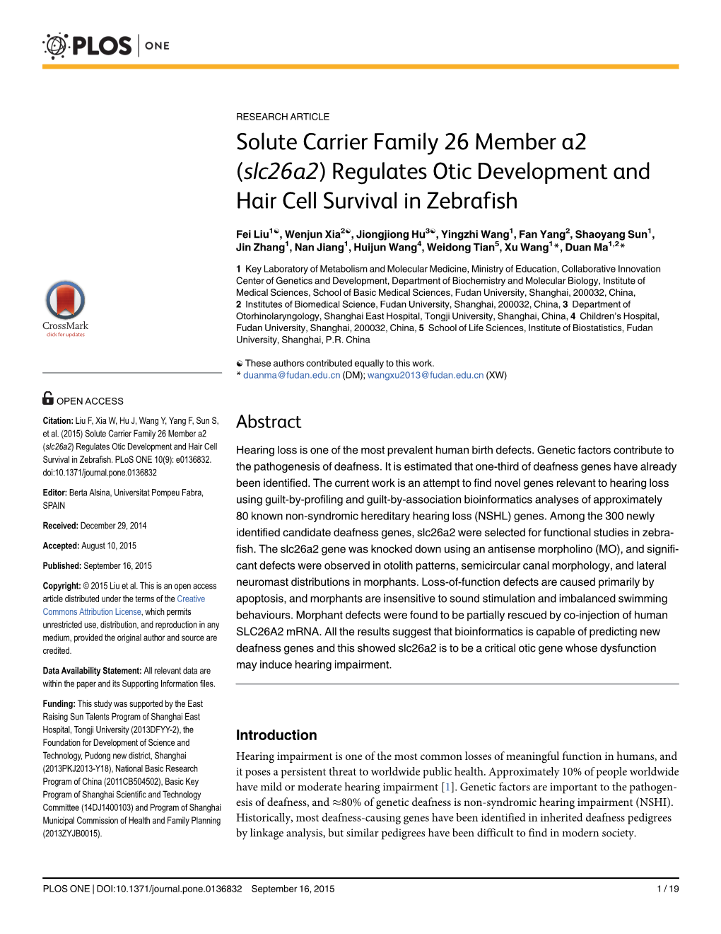 (Slc26a2) Regulates Otic Development and Hair Cell Survival in Zebrafish