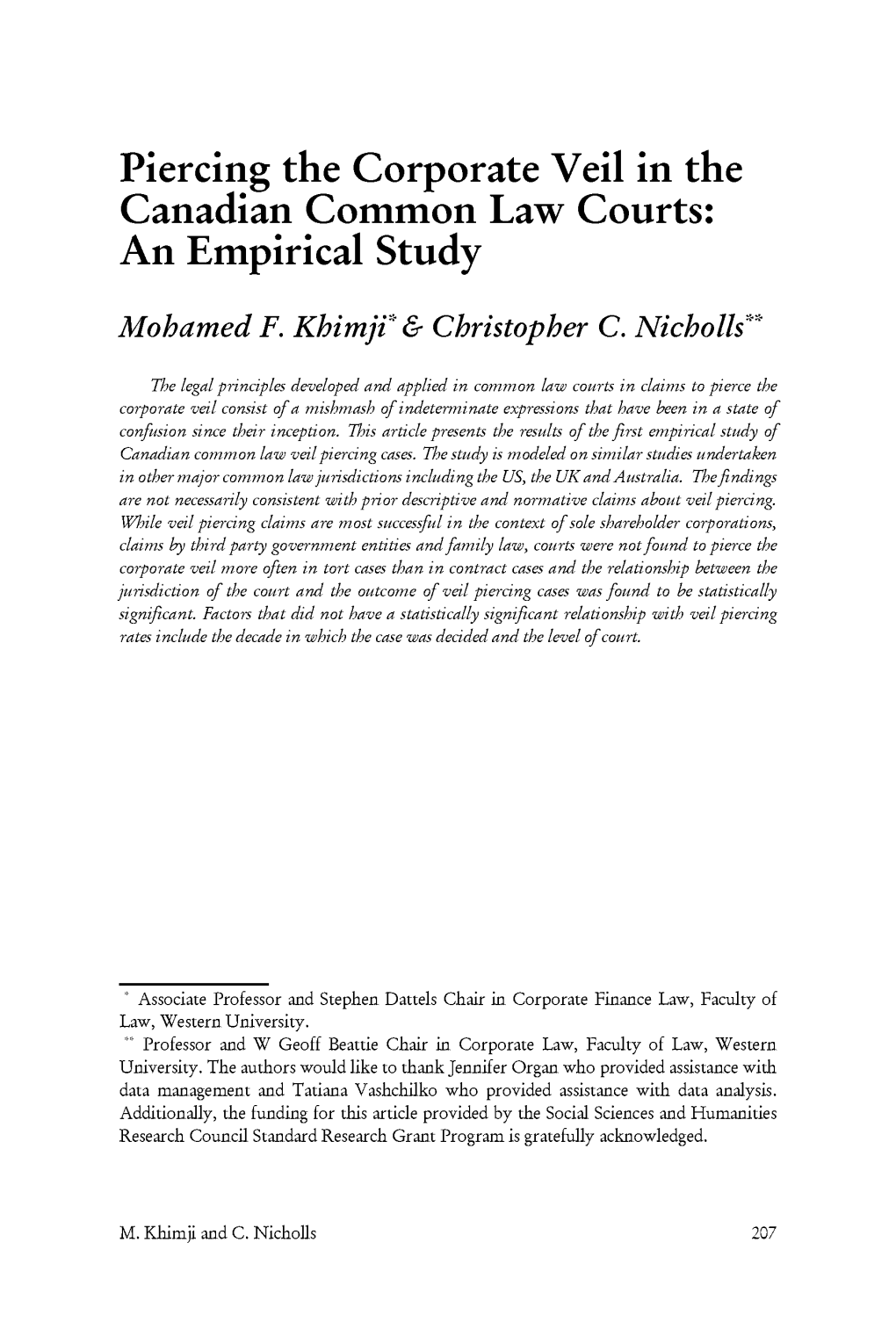 Piercing the Corporate Veil in the Canadian Common Law Courts: an Empirical Study